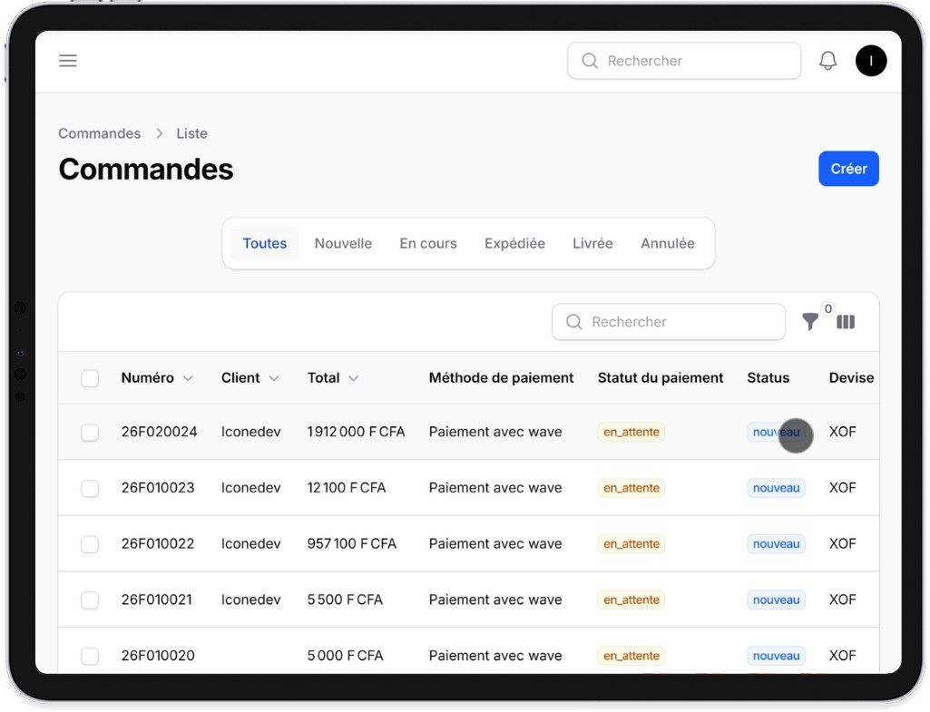 Liste des commandes IconeStore